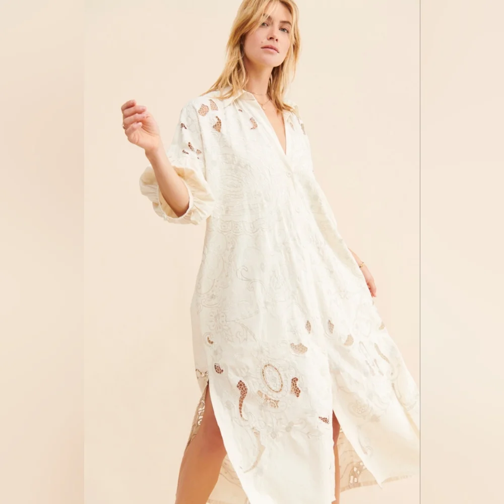 Free People Embroidery Oversized Button Front Kaftan Lace Dress NWOT